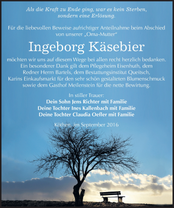 Traueranzeige von Ingeborg Käsebier von Mitteldeutsche Zeitung Köthen