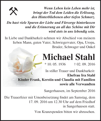 Traueranzeige von Michael Stahl von Mitteldeutsche Zeitung Sangerhausen