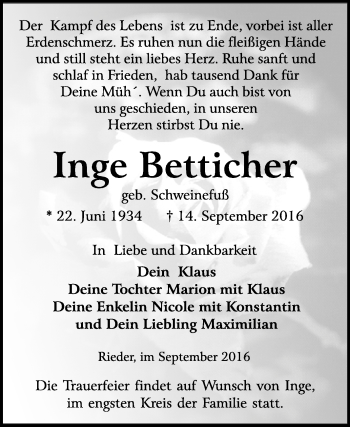 Traueranzeige von Inge Betticher von WVG - Wochenspiegel Quedlinburg