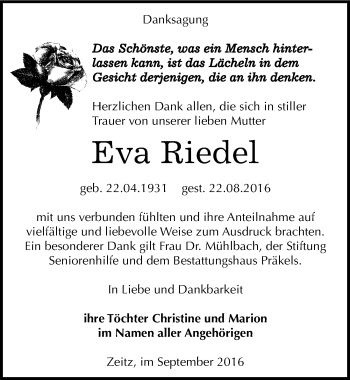 Traueranzeige von Eva Riedel von Mitteldeutsche Zeitung Zeitz