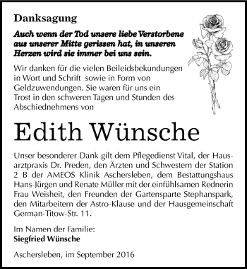 Traueranzeige von Edith Wünsche von Mitteldeutsche Zeitung Aschersleben