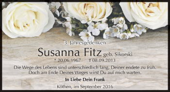 Traueranzeige von Susanna Fitz von Mitteldeutsche Zeitung Köthen