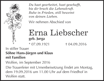 Traueranzeige von Erna Liebscher von WVG - Wochenspiegel Bitterfeld