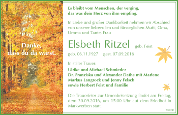 Traueranzeige von Elsbeth Ritzel von Mitteldeutsche Zeitung Weißenfels