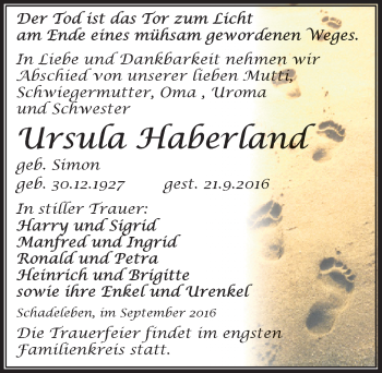 Traueranzeige von Ursula Haberland von Mitteldeutsche Zeitung Aschersleben
