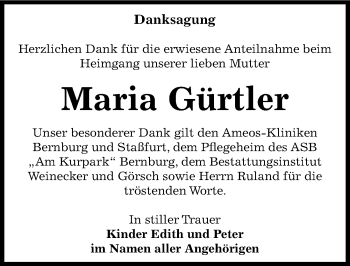Traueranzeige von Maria Gürtler von Mitteldeutsche Zeitung Bernburg