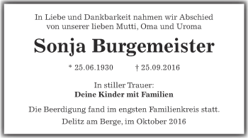 Traueranzeige von Sonja Burgemeister von WVG - Wochenspiegel Merseburg
