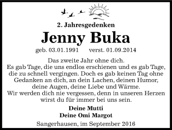 Traueranzeige von Jenny Buka von Mitteldeutsche Zeitung Sangerhausen
