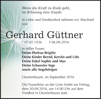 Traueranzeige von Gerhard Güttner von Mitteldeutsche Zeitung Wittenberg