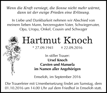 Traueranzeige von Hartmut Knoch von Mitteldeutsche Zeitung Sangerhausen
