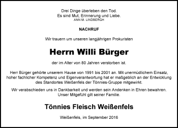 Traueranzeige von Willi Bürger von Mitteldeutsche Zeitung Weißenfels