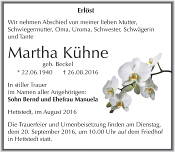 Traueranzeige von Martha Kühne von Mitteldeutsche Zeitung Mansfelder Land