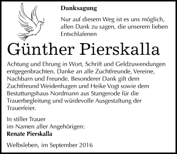 Traueranzeige von Günther Pierskalla von Mitteldeutsche Zeitung Mansfelder Land