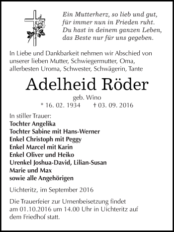 Traueranzeige von Adelheid Röder von WVG - Wochenspiegel NMB / WSF / ZTZ
