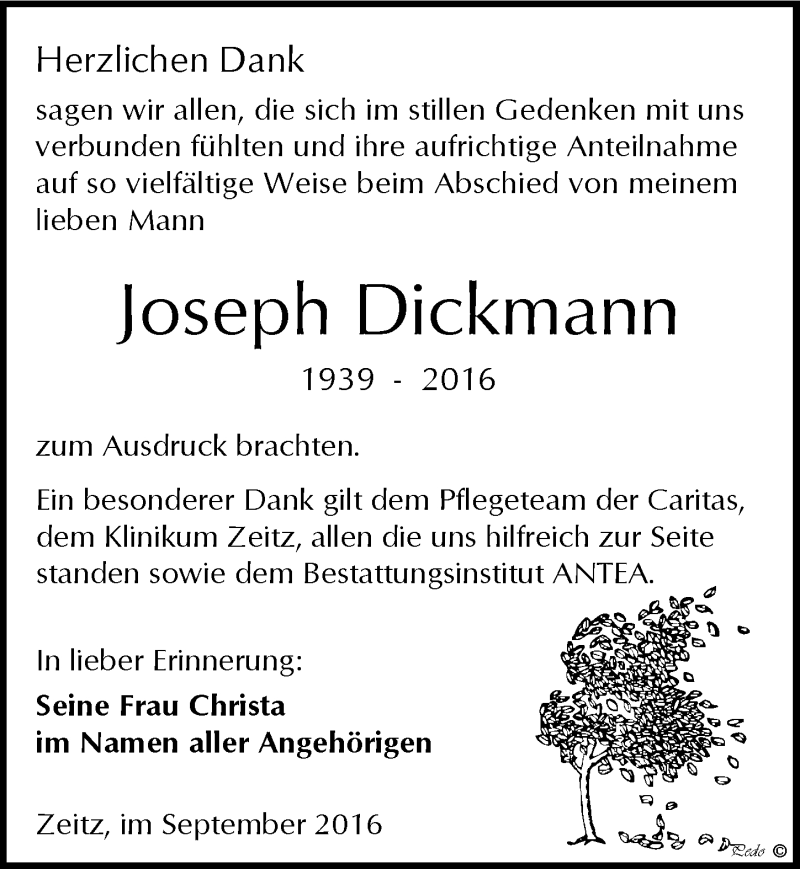  Traueranzeige für Joseph Dickmann vom 10.09.2016 aus Mitteldeutsche Zeitung Zeitz