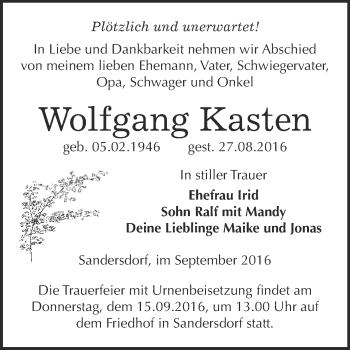 Traueranzeige von Wolfgang Kasten von WVG - Wochenspiegel Bitterfeld