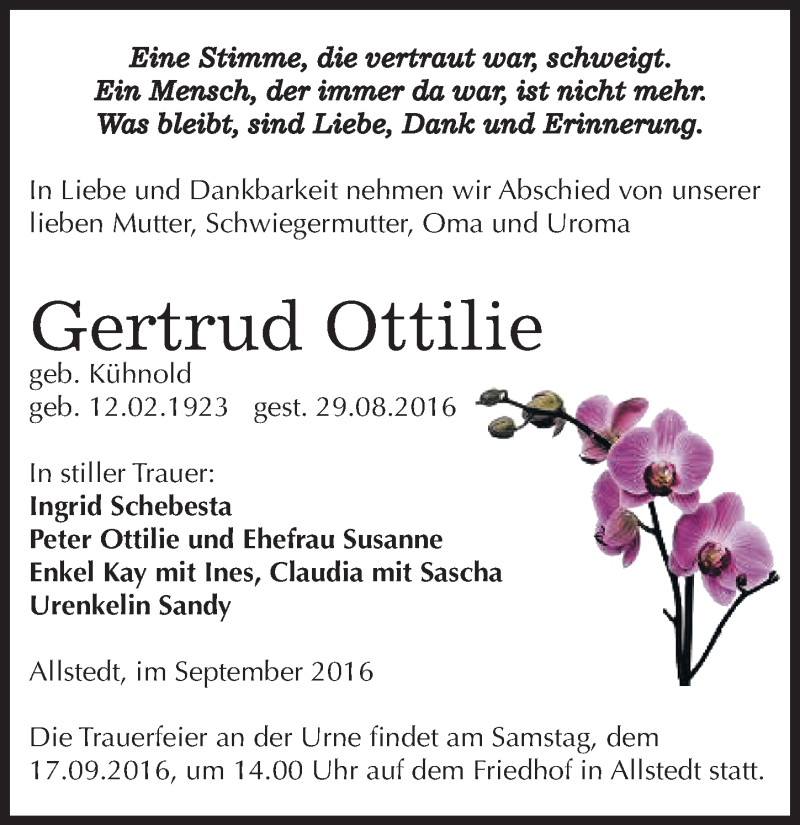  Traueranzeige für Gertrud Ottilie vom 10.09.2016 aus Mitteldeutsche Zeitung Sangerhausen