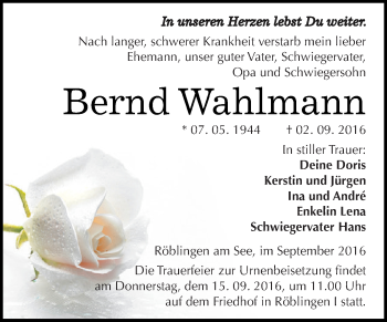 Traueranzeige von Bernd Wahlmann von Super Sonntag SGH Mansf. Land