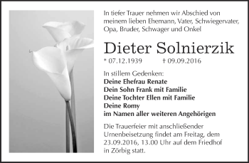 Traueranzeige von Dieter Solnierzik von WVG - Wochenspiegel Bitterfeld