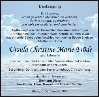 Traueranzeige von Ursula Christine Marie Fröde von Mitteldeutsche Zeitung Halle/Saalkreis