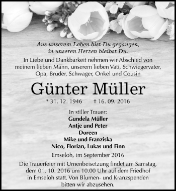 Traueranzeige von Günter Müller von Mitteldeutsche Zeitung Sangerhausen