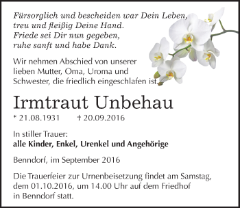 Traueranzeige von Irmtraut Unbehau von Mitteldeutsche Zeitung Mansfelder Land
