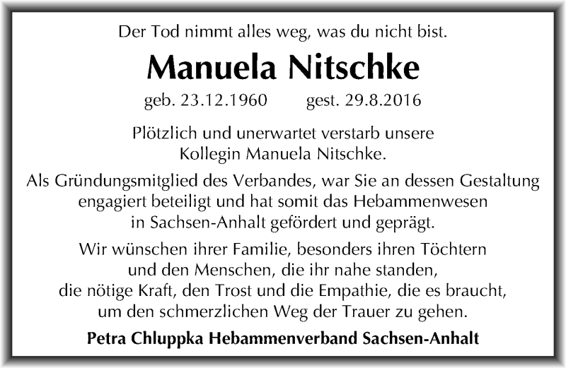  Traueranzeige für Manuela Nitschke vom 07.09.2016 aus Mitteldeutsche Zeitung Halle/Saalkreis