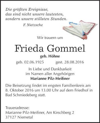 Traueranzeige von Frieda Gommel von Super Sonntag Wittenberg