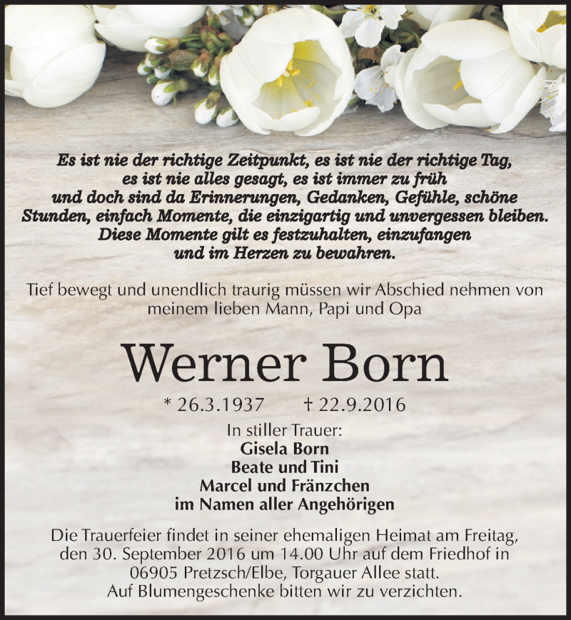  Traueranzeige für Werner Born vom 24.09.2016 aus Mitteldeutsche Zeitung