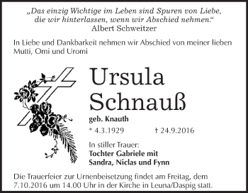 Traueranzeige von Ursula Schnauß von WVG - Wochenspiegel Merseburg