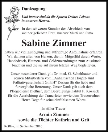 Traueranzeige von Sabine Zimmer von WVG - Wochenspiegel Dessau / Köthen
