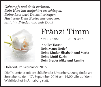 Traueranzeige von Fränzi Timm von Mitteldeutsche Zeitung Wittenberg
