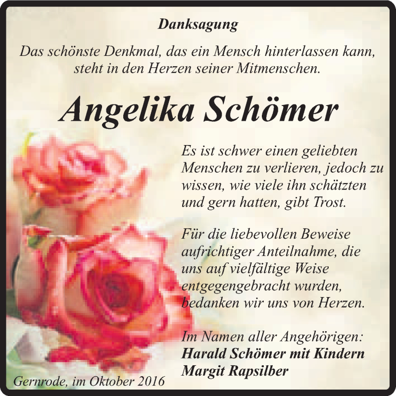  Traueranzeige für Angelika Schömer vom 01.10.2016 aus Super Sonntag Quedlinburg