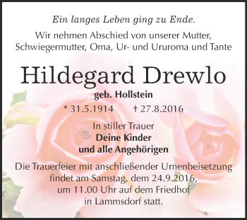 Traueranzeige von Hildegard Drewlo von Super Sonntag Wittenberg