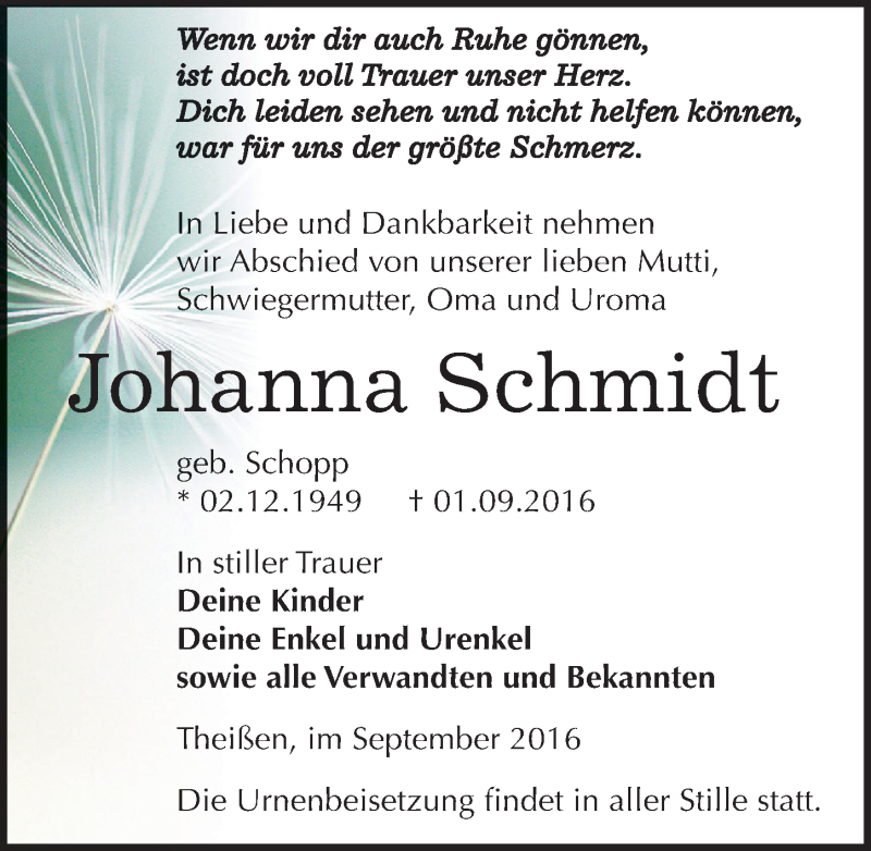  Traueranzeige für Johanna Schmidt vom 10.09.2016 aus Mitteldeutsche Zeitung Zeitz