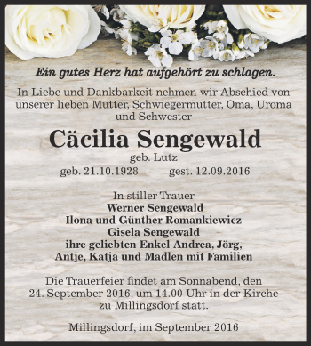 Traueranzeige von Cäcilia Sengewald von WVG - Wochenspiegel NMB / WSF / ZTZ