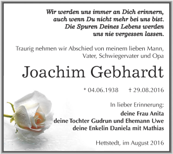 Traueranzeige von Joachim Gebhardt von Wochenspiegel Mansfelder Land