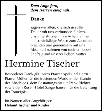 Traueranzeige von Hermine Tischer von Mitteldeutsche Zeitung Sangerhausen
