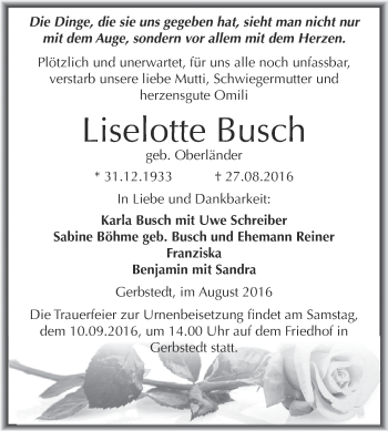 Traueranzeige von Liselotte Busch von Wochenspiegel Mansfelder Land