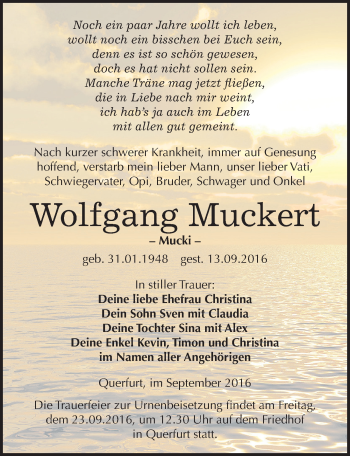 Traueranzeige von Wolfgang Muckert von Mitteldeutsche Zeitung Merseburg/Querfurt