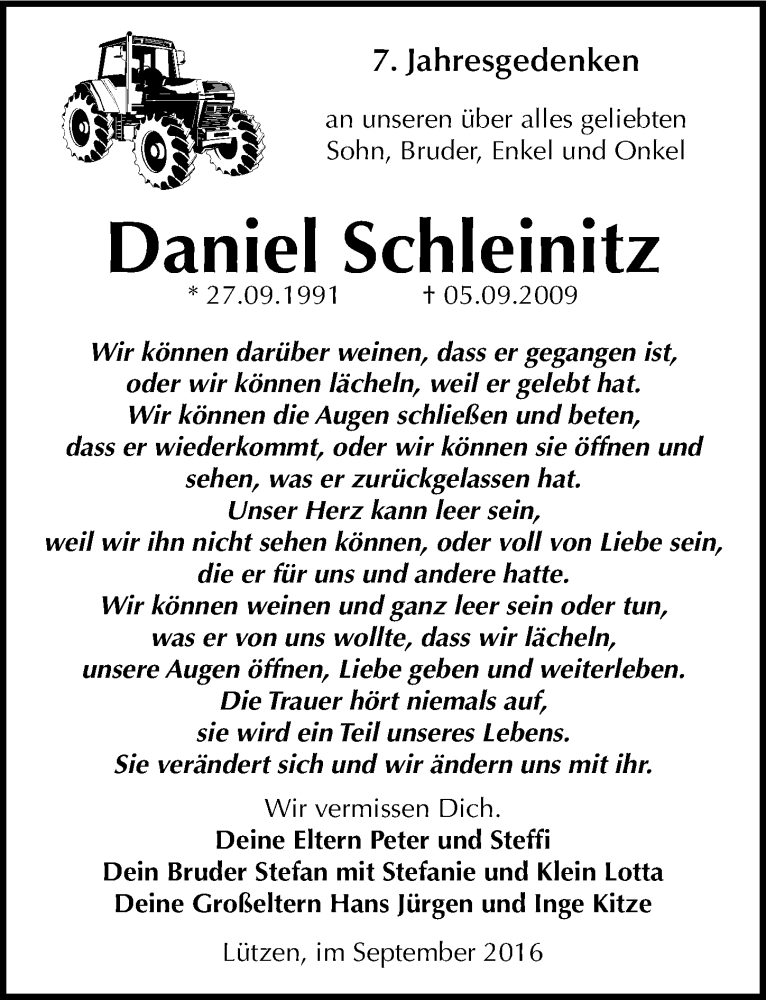  Traueranzeige für Daniel Schleinitz vom 05.09.2016 aus Mitteldeutsche Zeitung Weißenfels