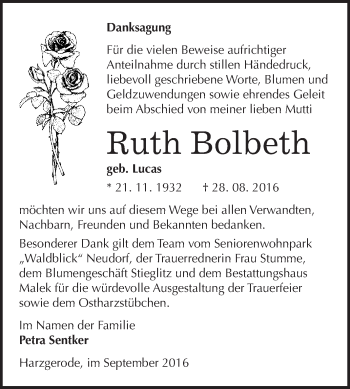 Traueranzeige von Ruth Bolbeth von WVG - Wochenspiegel Quedlinburg