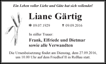 Traueranzeige von Liane Gärtig von WVG - Wochenspiegel Dessau / Köthen