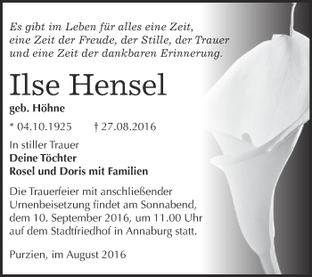 Traueranzeige von Ilse Hensel von WVG - Wochenspiegel Wittenberg