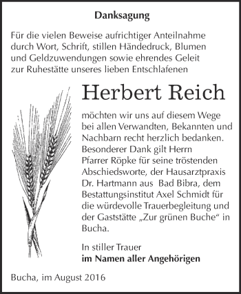 Traueranzeige von Herbert Reich von WVG - Wochenspiegel NMB / WSF / ZTZ