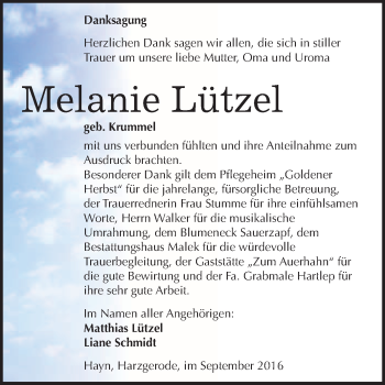 Traueranzeige von Melanie Lützel von WVG - Wochenspiegel Quedlinburg