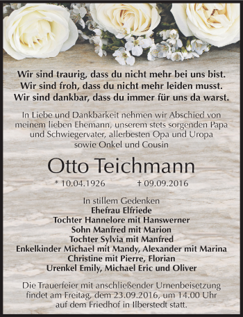 Traueranzeige von Otto Teichmann von Mitteldeutsche Zeitung Bernburg