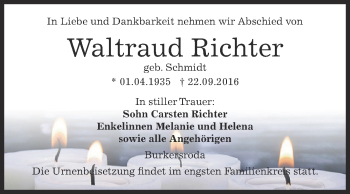 Traueranzeige von Waltraud Richter von WVG - Wochenspiegel NMB / WSF / ZTZ