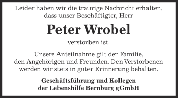 Traueranzeige von Peter Wrobel von WVG - Wochenspiegel Bernburg
