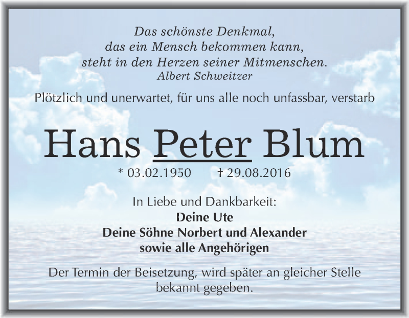  Traueranzeige für Hans Peter Blum vom 10.09.2016 aus Super Sonntag Wittenberg